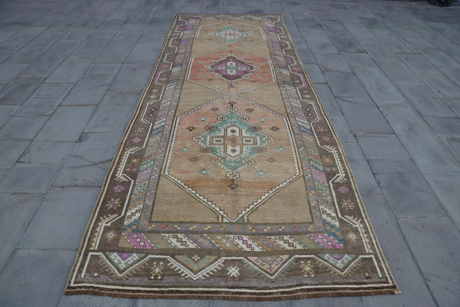 Vintage Turkish Accent Area rug 4.5 x 12.9 ft