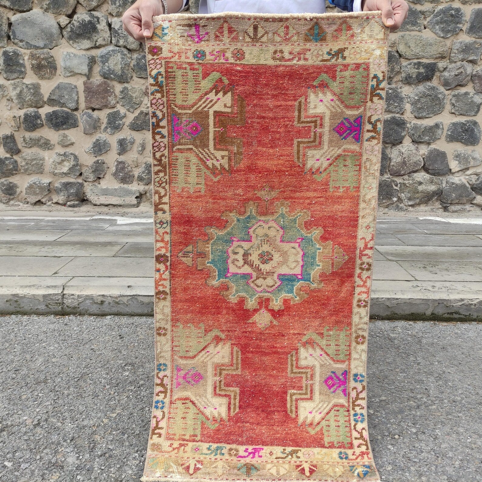 Vintage Turkish Mini Rug 1.7 x 3.6 ft